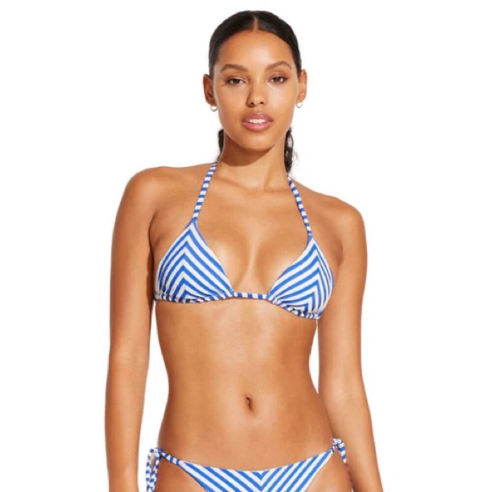 Vitamin A Blue and white Stripe Triangle Bikini Top - Women Swim size Large NWT